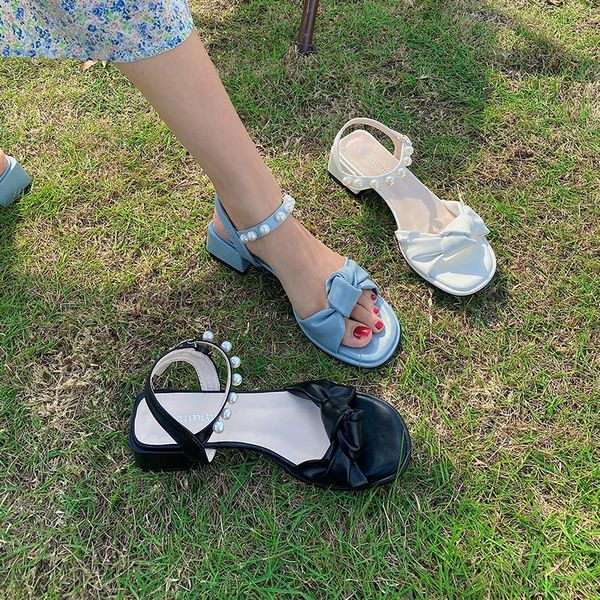 

sandals summer temperament fashion word buckle bow pearl elegant pure color simple ladies high-heeled sandals., Black