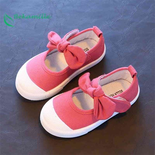 Bekamille primavera outono crianças canvas sapatos casuais crianças linda arco liso saltos sapatos meninas princesa sólida cor sneakers 210329