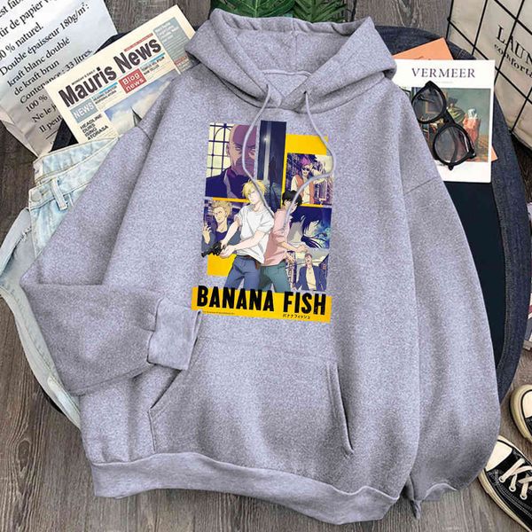 

banana fish print character harajuku loose pocket casual vintage cartoon men's anime punk hoodie, Black