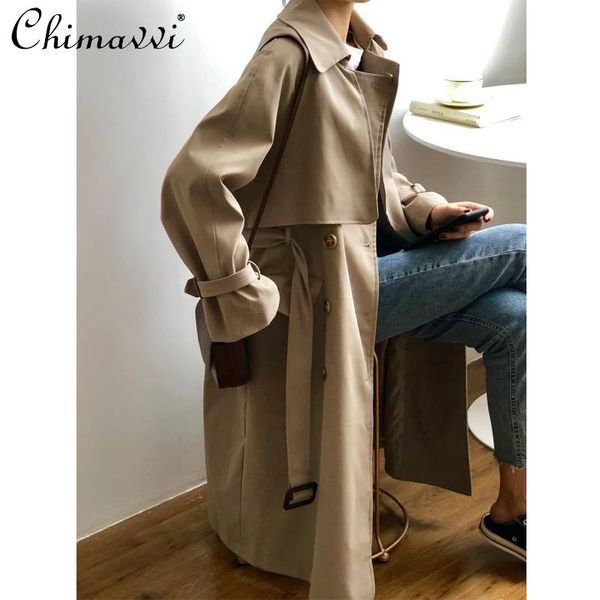 

women's trench coats double-breasted coat 2021 spring/autumn chic loose elegant slimming long casual simple windbreaker, Tan;black