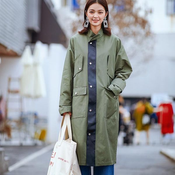 

women's trench coats nanastyle 2021 spring fall fashion long sleeve cargo black army green spliced stand neck coat windbreaker for wome, Tan;black
