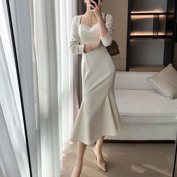 

casual dresses spring vintage retro dress women french hepburn style trumpet female office lady party midi korean 2021, Black;gray