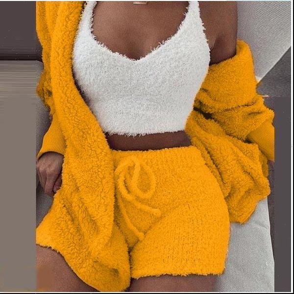 

plush pajamas autumn winter women sleepwear 3 piece pyjama long sleeved navel vest shorts set v neck short pijama, Black;red