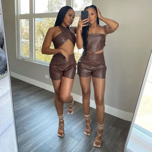 

women's tracksuits faux leather pu two piece set women harajuku cross halter corset crop solid slim casual shorts outfits streetwea, Gray
