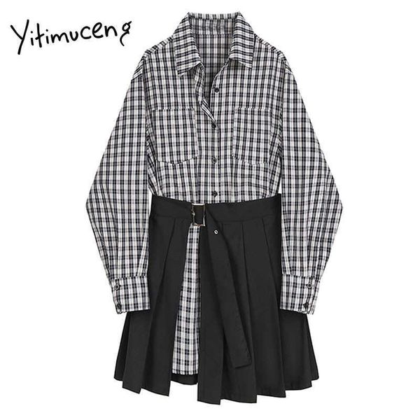 

yitimuceng plaid fake 2 pieces button dresses for women pleated spring square collar long sleeve loose waist office lady 210601, Black;gray