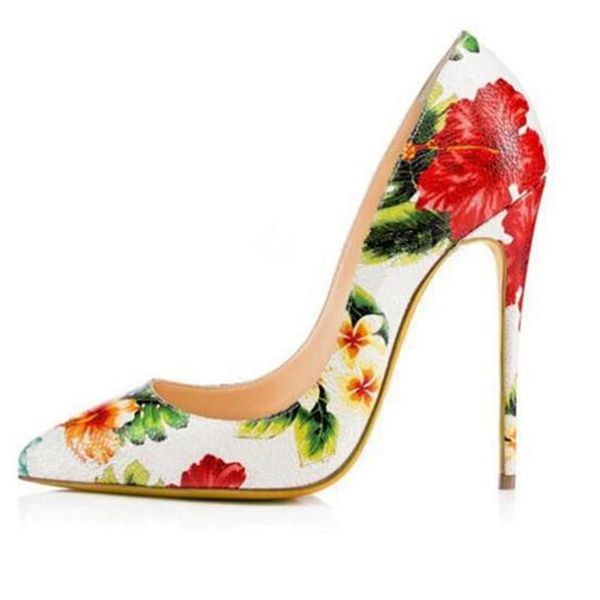 

dress shoes 2021 colorful floral printed women party high heel woman flower stiletto heels slip on pointed toe pumps, Black