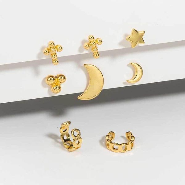 

mix design little stars moon cross earrings women bohemia trendy circles piercing ear studs cuff circle earring set stud, Golden;silver