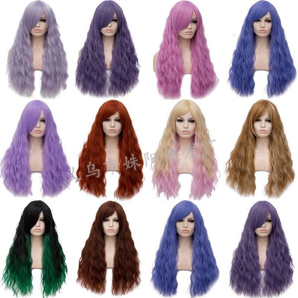 

fashion wig with slanting bangs, instant noodl and long curls, Black