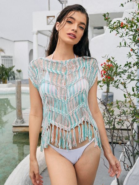 

fringe trim crochet cover up without bikini set k6mh#, White;black