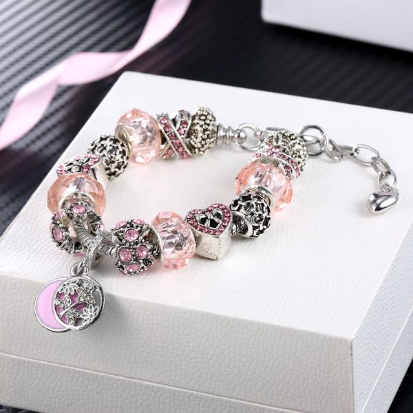 

pd beaded strands womens jewelry s925 silver bracelet diy alloy pink crystal big hole aa160, Black