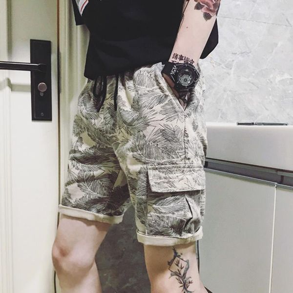 

men's shorts print elastic waist men short bermudas hombre casual summer printing leaves bermuda clothing 2021, White;black