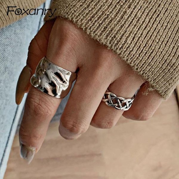 

cluster rings foxanry minimalist 925 sterling silver width opening for women couples vintage terndy cross weaving party jewelry gifts, Golden;silver