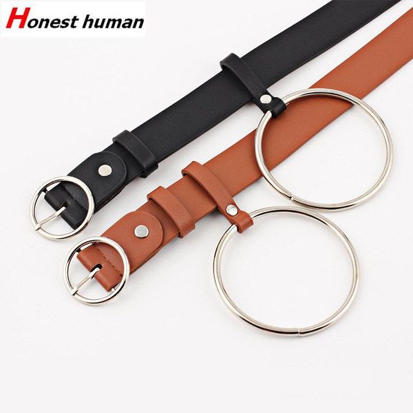 

belts est fashion pu leather big round ring for women jeans circle pin buckle belt personality decorative waist strap, Black;brown