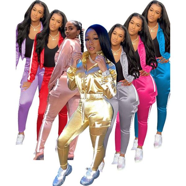 

women's tracksuits reflective striped patchwork 2 piece set women pockets biker sweatpant deep v neck long sleeve crop casual fashion o, Gray