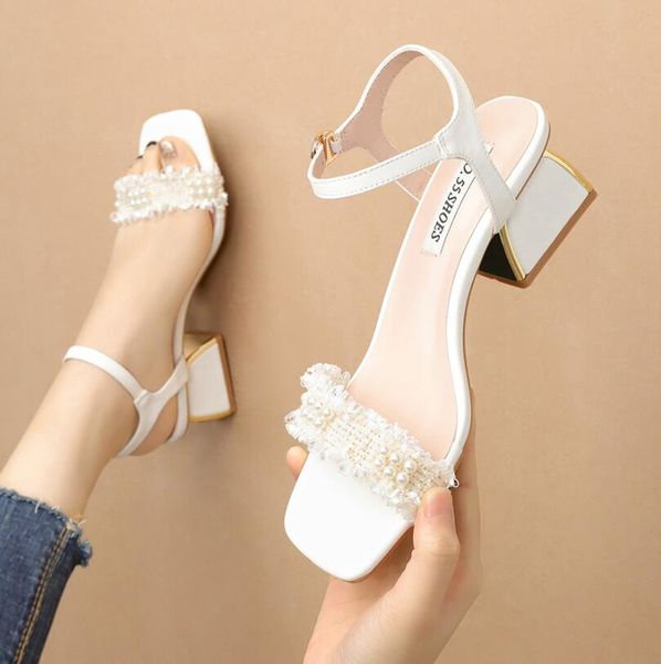 

2021 peep toe sandals pumps pearl ladies nightclub wedding 1, Black