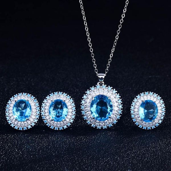 

earrings & necklace delicate oval jewelry inlay blue cubic zircon europe america luxury necklace/earrings/rings for wedding engagement bijou, Silver