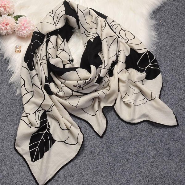 

scarves french retro scarf winter female camellia print silk wool big square ladies korean autumn and office shawl, Blue;gray