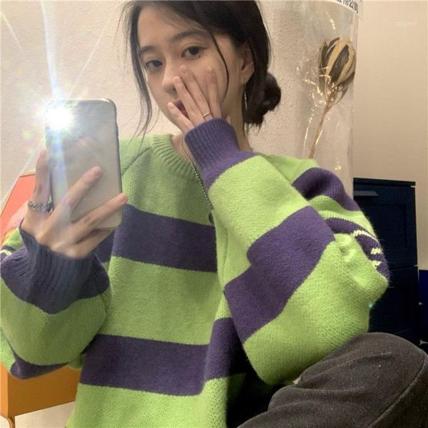 

women's sweaters women stripe ice sweater autumn winter loose long sleeve pullover korean ladies knitted patchwork, White;black