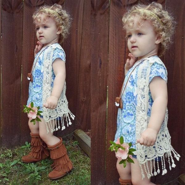 

vest toddler kids baby girls lace crochet hollow out cardigan tassels blouse waistcoat, Blue