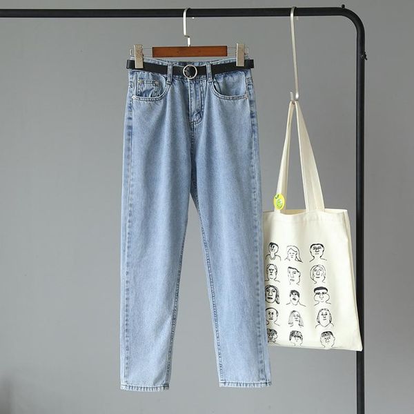 

with belt women jeans for high waist women's pants cotton jean female boyfriend denim wj102, Blue