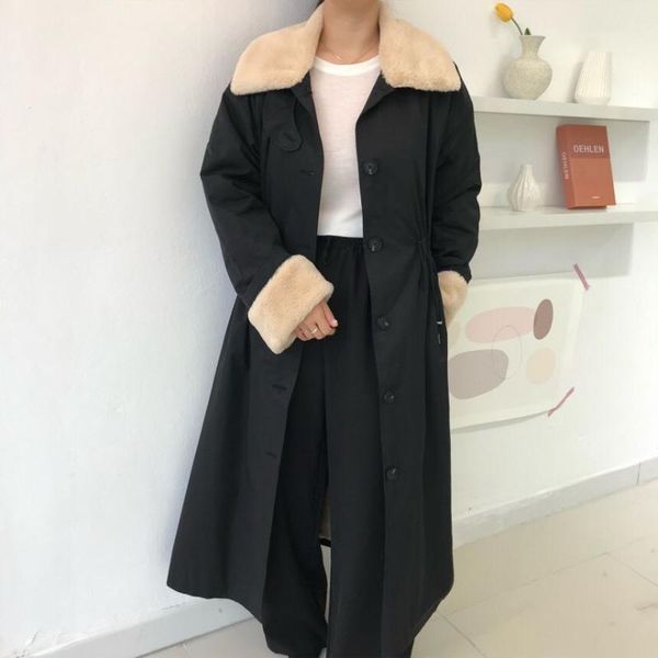 

women's down & parkas hzirip winter warm coat women long vintage elegant lapel faux fur stitching loose female overcoat, Black