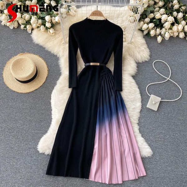 

casual dresses 2021 autumn women's long-sleeved slim waist ankle length dress ladies fashion gradient color matching patchwork o-neck, Black;gray