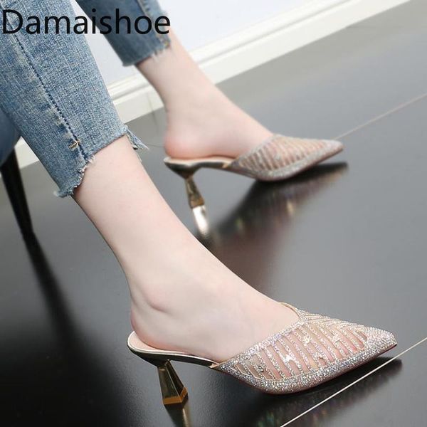 

slippers 2021 high heels sandals women's summer outdoor all-matching fashion closed toe pointed mesh rhinestone half, Black