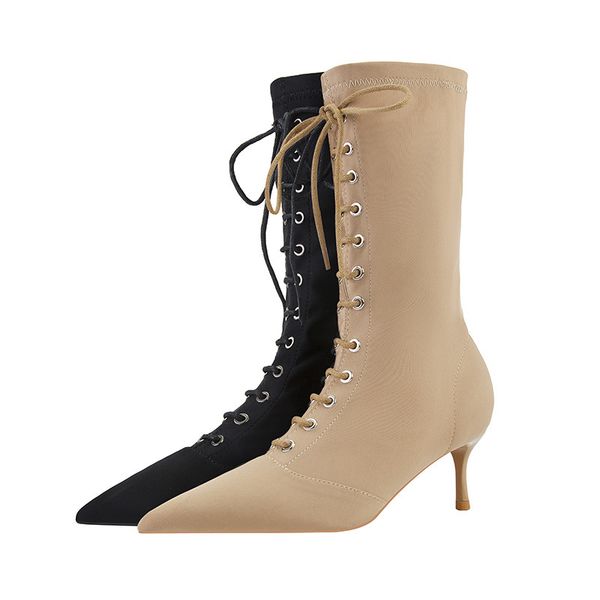 

thin heel high heel thin boots pointed solid color lycra lace up trend cross strap boots, Black