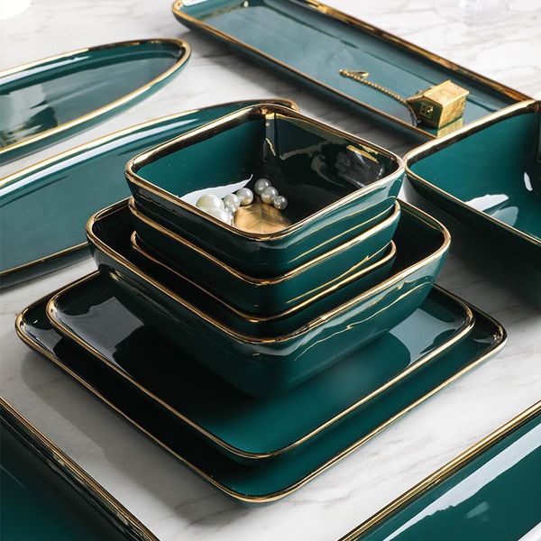 

dishes & plates tableware green ceramic dinner set gold inlay porcelain dessert plate steak snack cake salad soup rice bowl wholesale