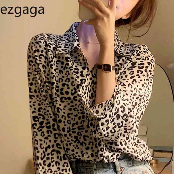 Ezgaga Leopard Shirts Frauen Vintage Langarm Frühling Lose Koreanische Elegante Chic Büro Dame Bluse Mode Blusas 210430