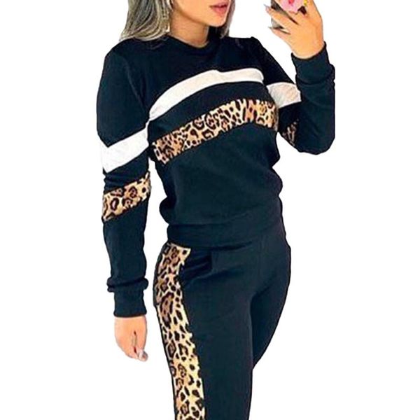 Mulheres duas peças calças Mulheres Outono Leopardo Impresso Splicing Tracksuit Elegante Pullovers Long Set Feminino Casual Sport Sports