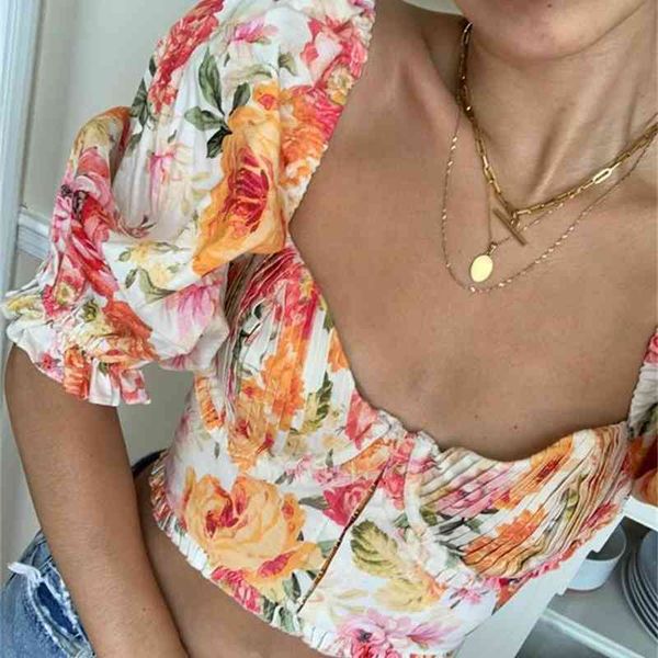 Inspirado Shirred Cups Blusa sexy Mulheres Spruff Manga Elástica Cintura Chic Verão Top Ruffle Hem Senhoras Das Mulheres Tops e Blusas 210412