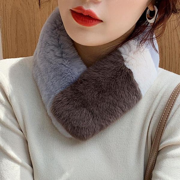 

scarves lantafe short scarf women's fur real stitching color protect neck keep warm winter outdoor fashion ladies scarfs, Blue;gray