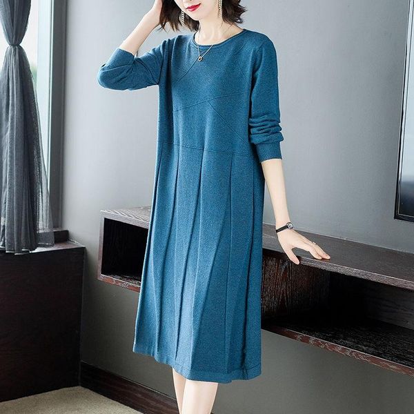 

casual dresses women 2021 autumn winter solid color knitted female mid-long bottoming sweater vestidos ladies o-neck loose dress z742, Black;gray