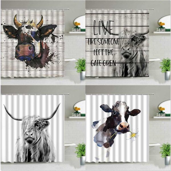 Rural Farm Highland Vacas Chuveiro de Chuveiro Lnspirational Citações Flor Wood Placa Fundo Decoração Decor À Prova D 'Água Set 210609