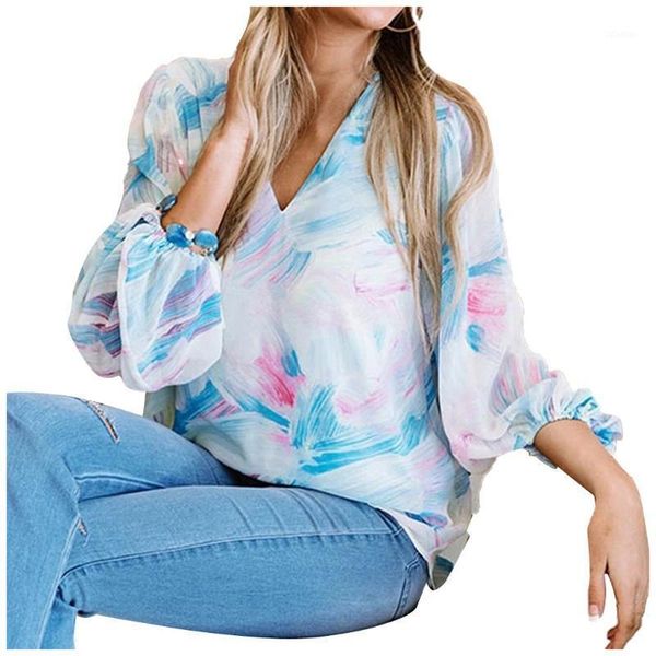 

flower tie dyed printed blouse women shirt long sleeve thin section dames corset v neck women's blouses & shirts, White