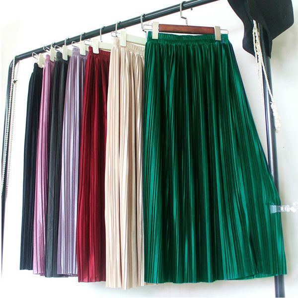 

casual dresses autumn shine gloss metallic candy color long pleated skirts korean style spring all-match calf a-line xv4b, Black;gray