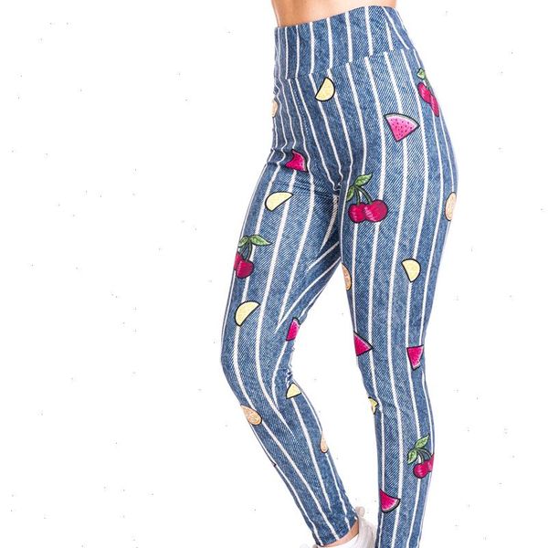 

fruit imitate women leggings jeans print push up fashion pants high waist workout jogging for athleisure training, Black