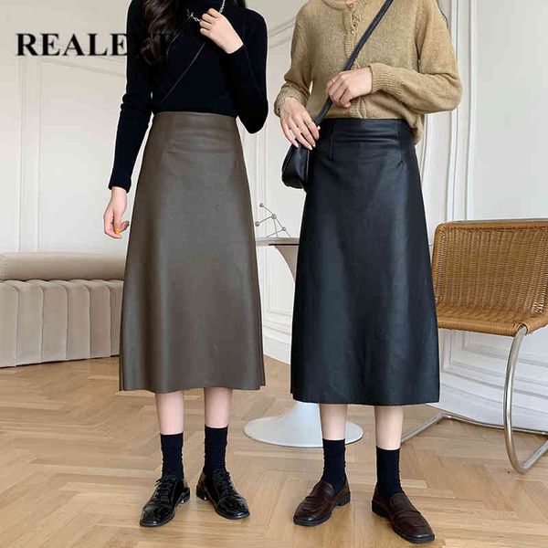 

autumn winter pu faux leather long skirts high waist vintage a-line back split chic mid-calf umbrella skirt 210428, Black