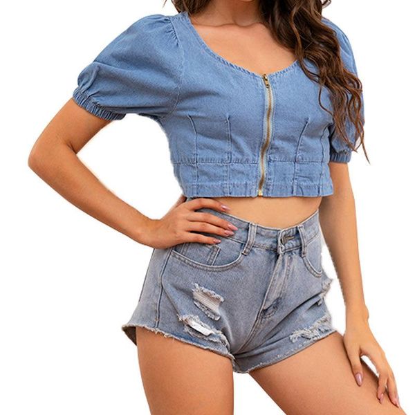 

blue denim shorts women's tight button jeans cut open summer ripped mid rise xl