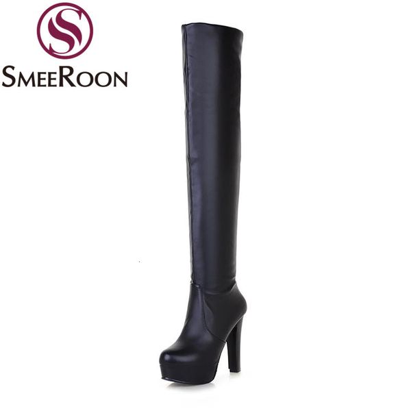 

boots smeeroon over the knee platform look slimmer high heels engagement round toe winter waterproof women shoes g08a, Black