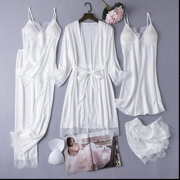 

lace pajamas set autunm women sleepwear kimono bathrobe suit white bride bridesmaid wedding robe nightgown gown  l xl, Black;red