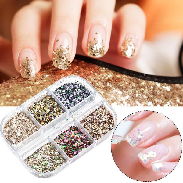 

nail glitter 6 grid/set holographic powder sequin aurora mixed design decoration set pigment diy manicure nails tools, Silver;gold