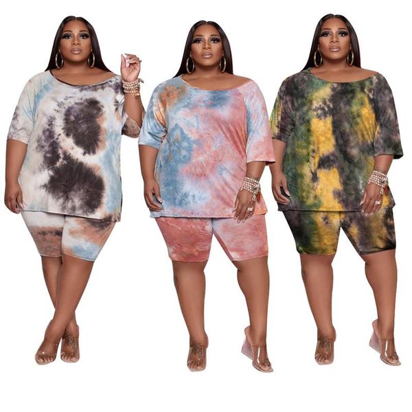 

plus size tracksuits two piece set women wholesale shorts sets tie dye casual tshirt crop and short pants summer tracksuit drop, Black