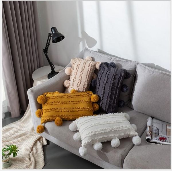 

cushion/decorative pillow pompom ball white yellow floral tassels cover khaki grey decorative cushion home decor throw case 30x50cm