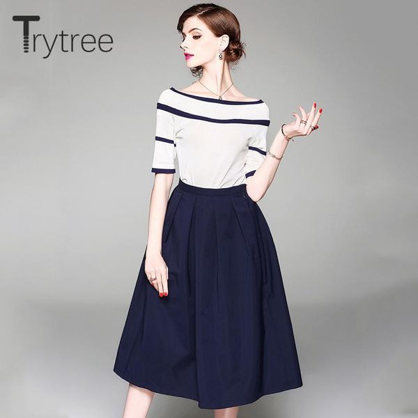 

two piece dress trytree 2021 autumn women set solid knitted half sleeve slash neck + skirt a-line mid-calf office lady 2, White