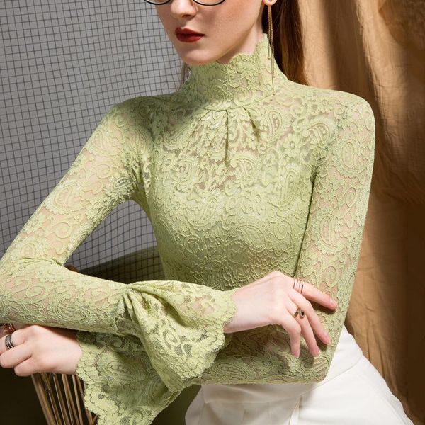 

women's t-shirt 2021 autumn and winter lace stretch high neck trumpet sleeves fairy shirt bottoming, White