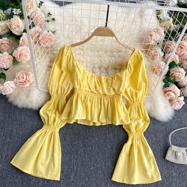 

singreiny women korean ruched blouse elegant solid square collar flared sleeve spring fashion streetwear short blouses 210419, White