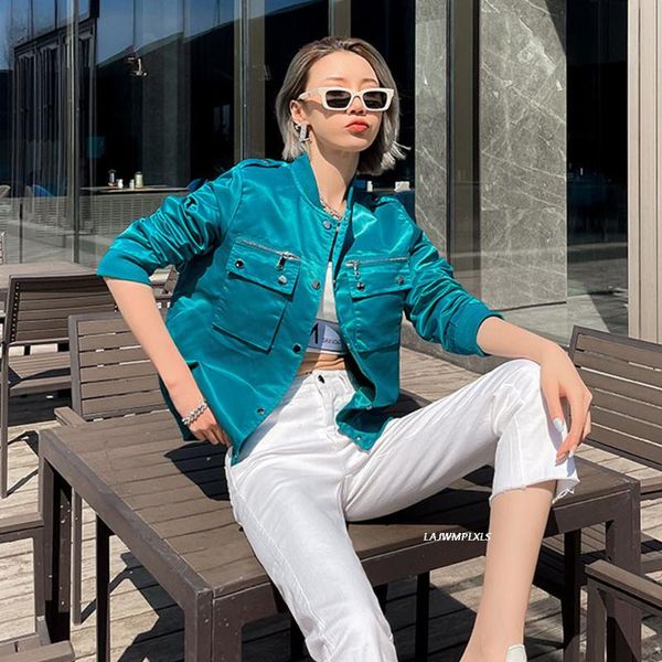 

women's jackets round neck multi-pocket zippers bomber jacket women spring autumn solid color streetwear fashion baseball coat 5, Black;brown
