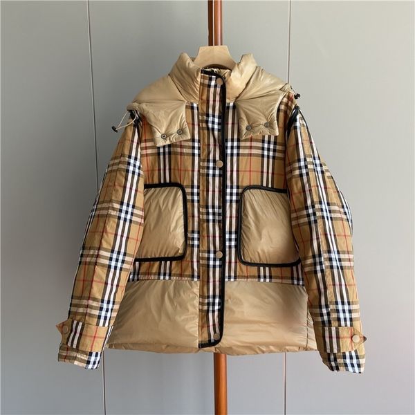 

2021 down jacket women's british hooded thickened net red plaid stitched loose coat fashion, Black